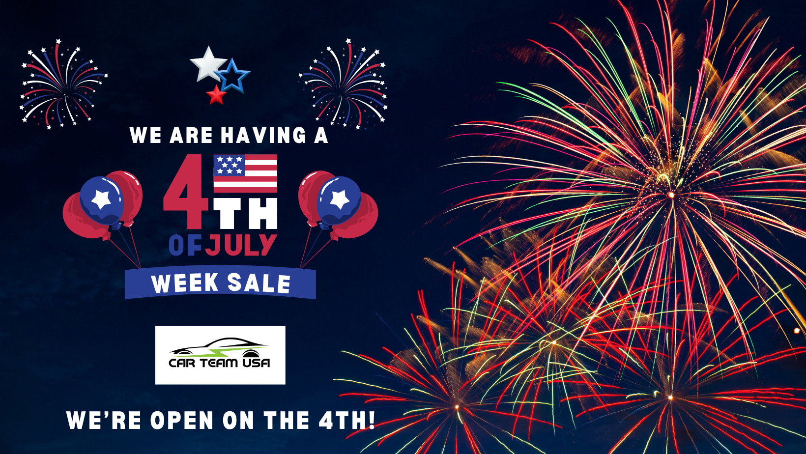 Patriotic 4th of July celebration in South Florida, featuring classic cars, American flags, and fireworks in the background—promoting Car Team USA’s Big & Bold Art Exhibition in Stuart, FL